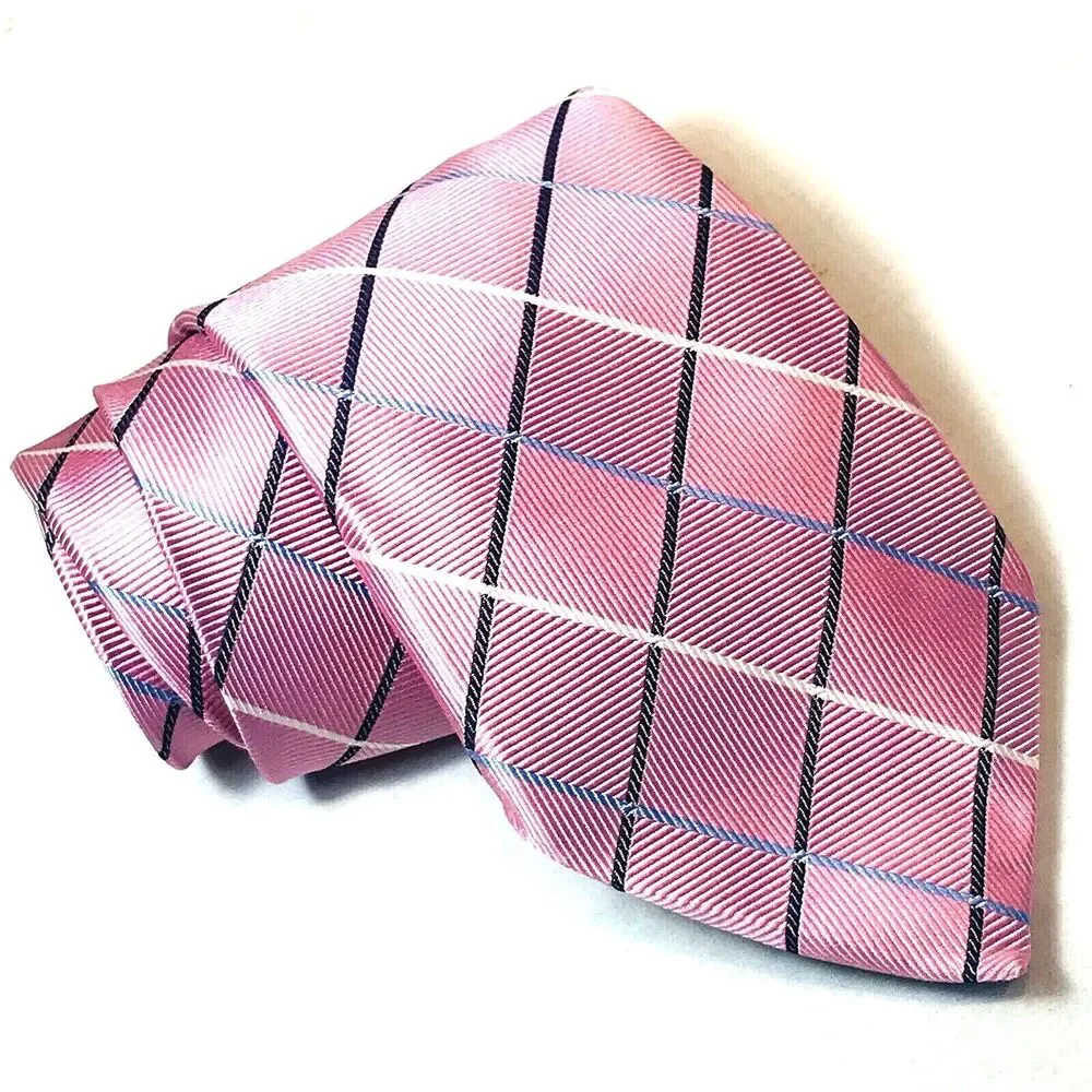 Paul Fredrick Tie Pink Plaid Repp Weave Hand Made Imported Silk Summery Preppy